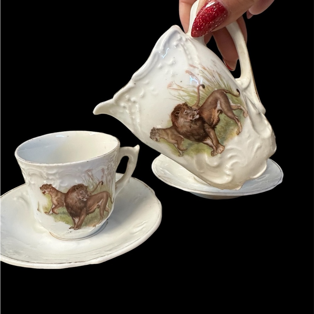 Wild animal lion tiger vintage tea set porcelain bone china 6 piece